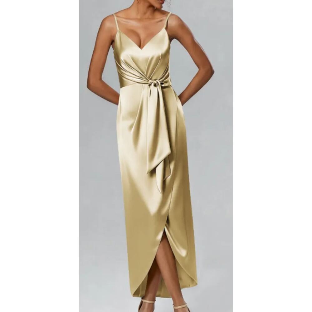 AW BRIDAL sz 10 L champagne crystal satin Leonora faux wrap maxi dress NEW B130